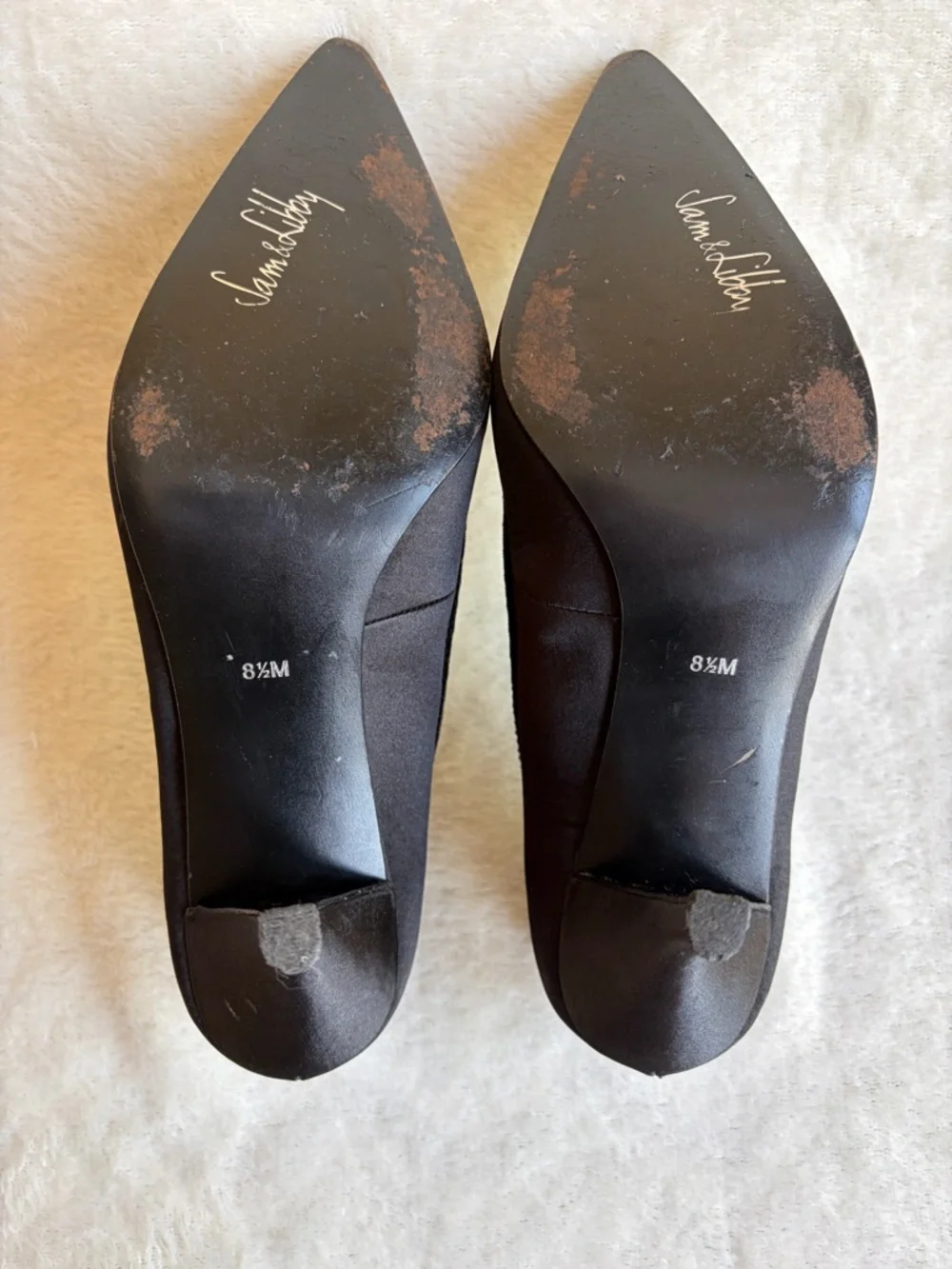 Sam & Libby Black Satin Fabric with Ruffle Trim &  Velvet Accent Pumps Size 8.5M